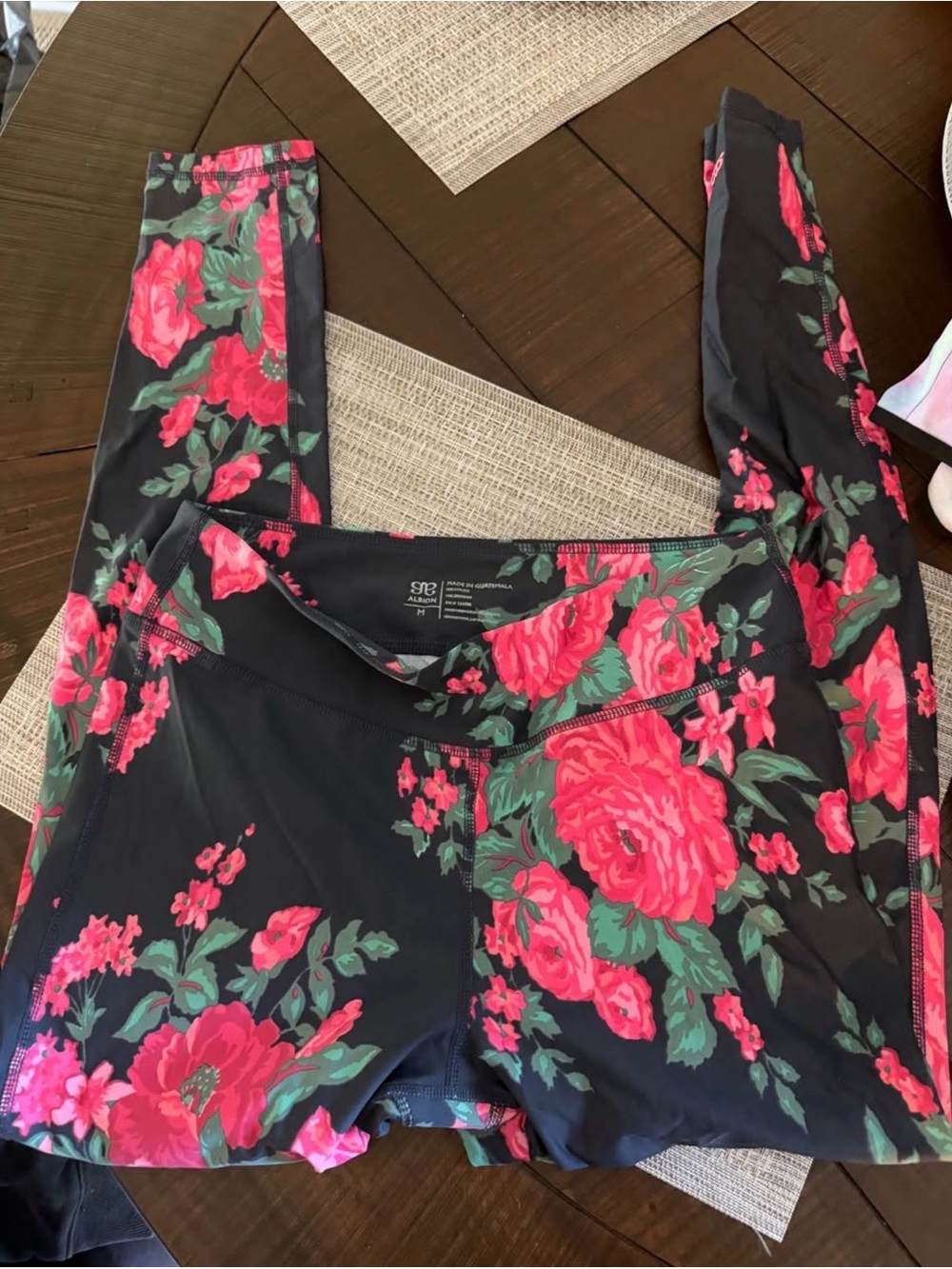 Albion Black Leggings with Pink Rose & Green Leaf Print